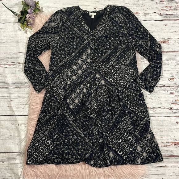 Garnet Hill Drop Waist Button Up Bohemian Print Black White Shirt Dress - Picture 2 of 9